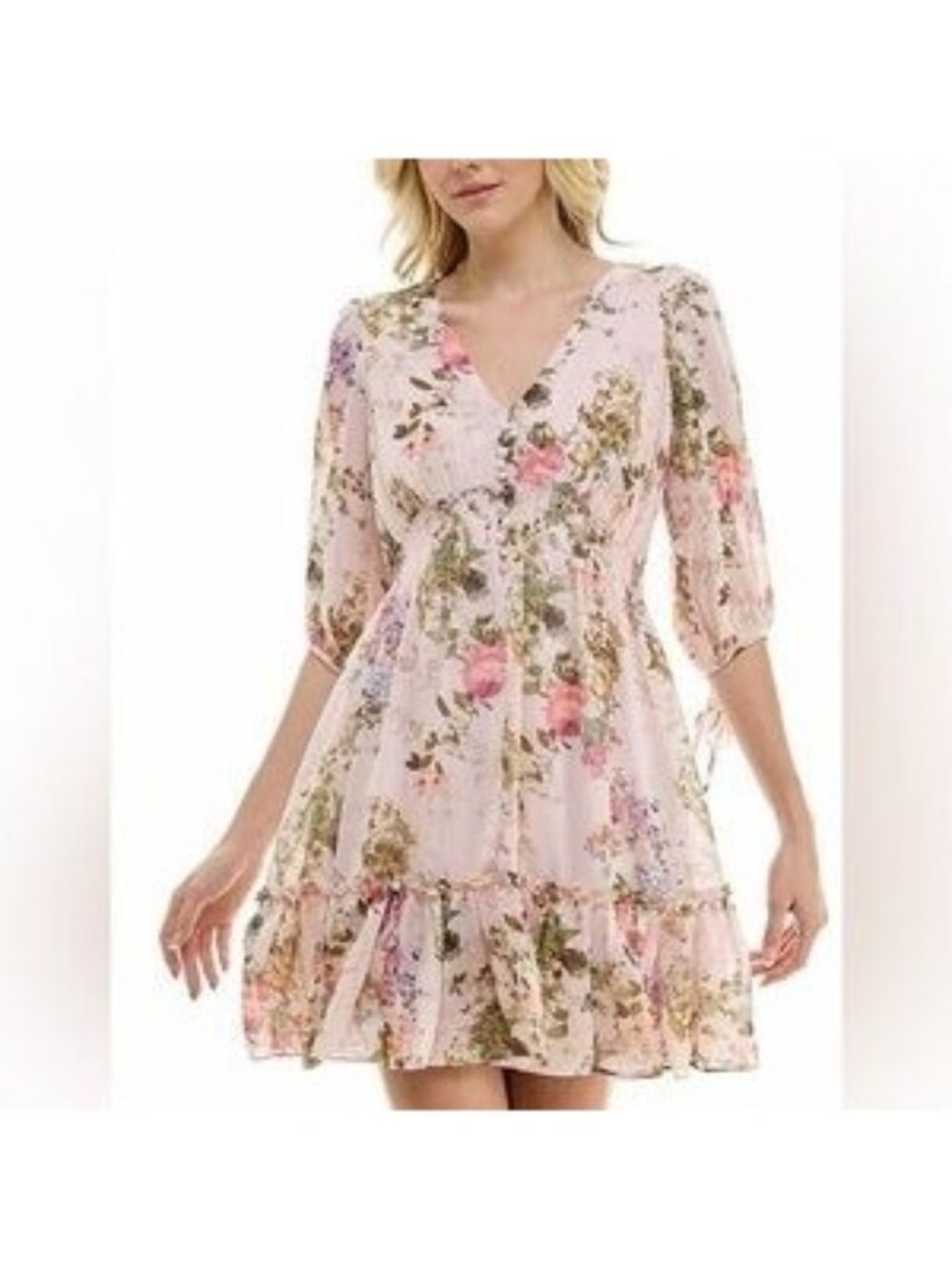 Taylor Floral Mini Dress Women's 6 Pink Tie Sleeve Romantic Cottagecore
